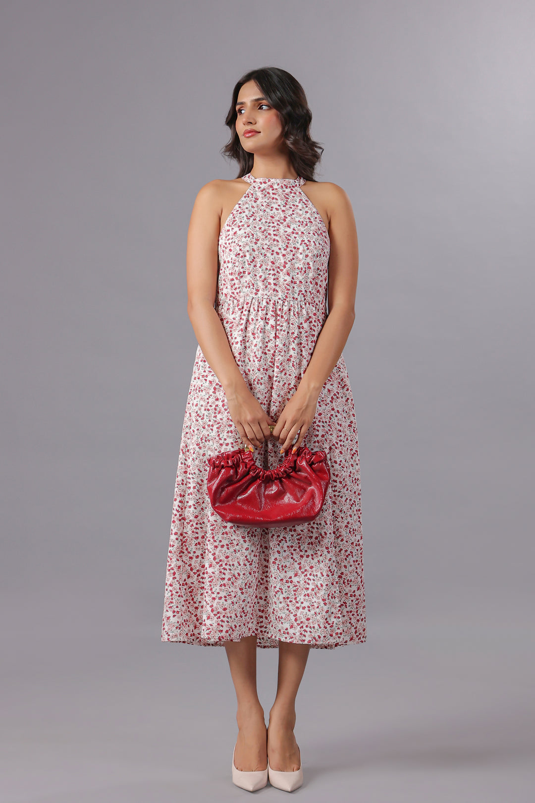 Red Floral Midi Dress With Slit in Ditsy Floral