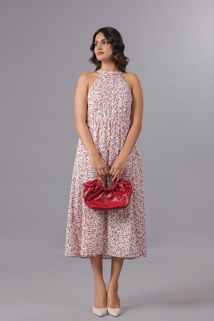 Red Floral Midi Dress With Slit in Ditsy Floral