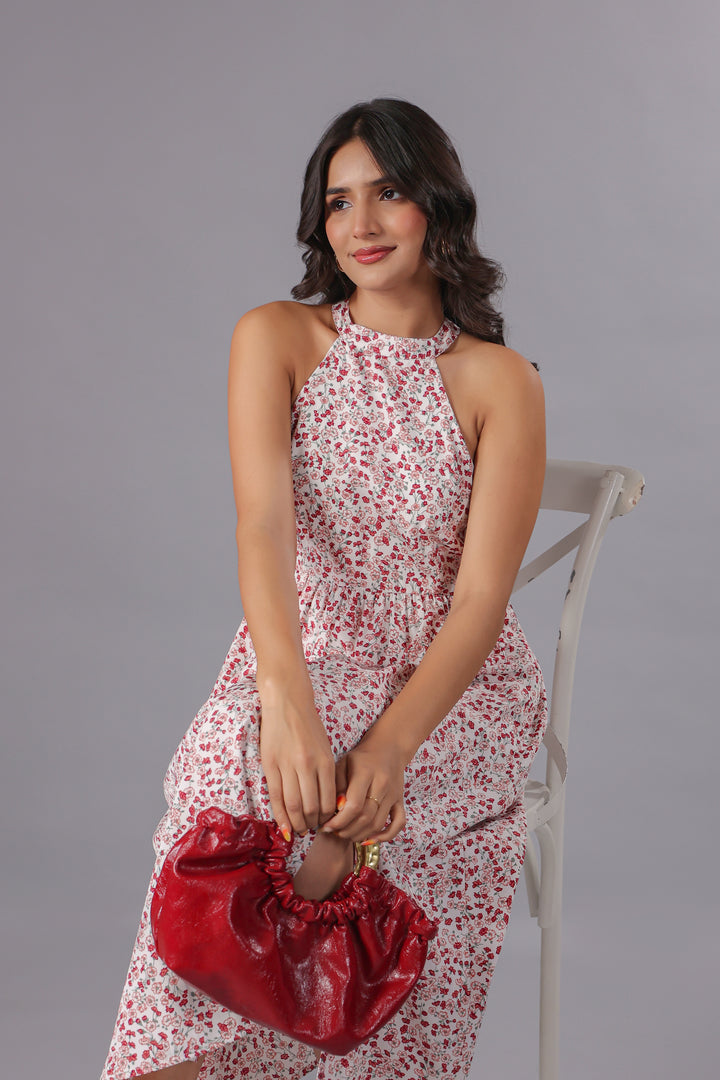 Red Floral Midi Dress With Slit in Ditsy Floral