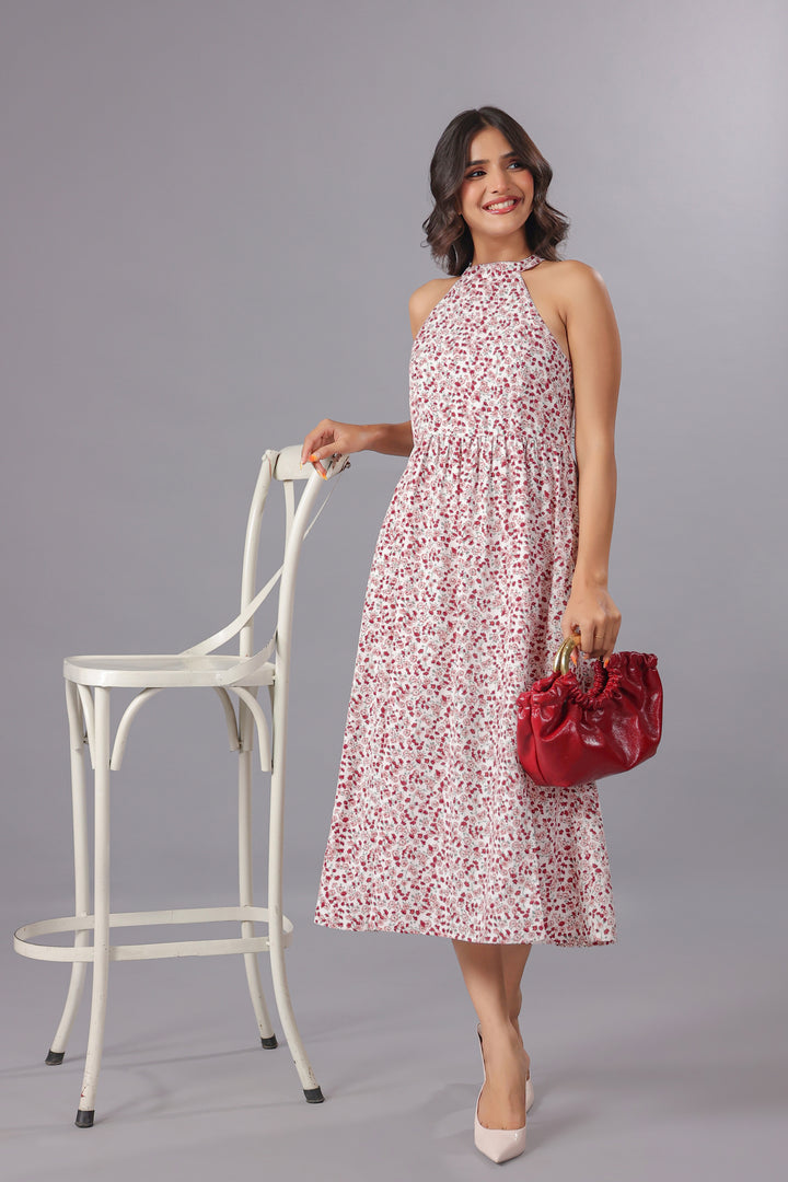Red Floral Midi Dress With Slit in Ditsy Floral