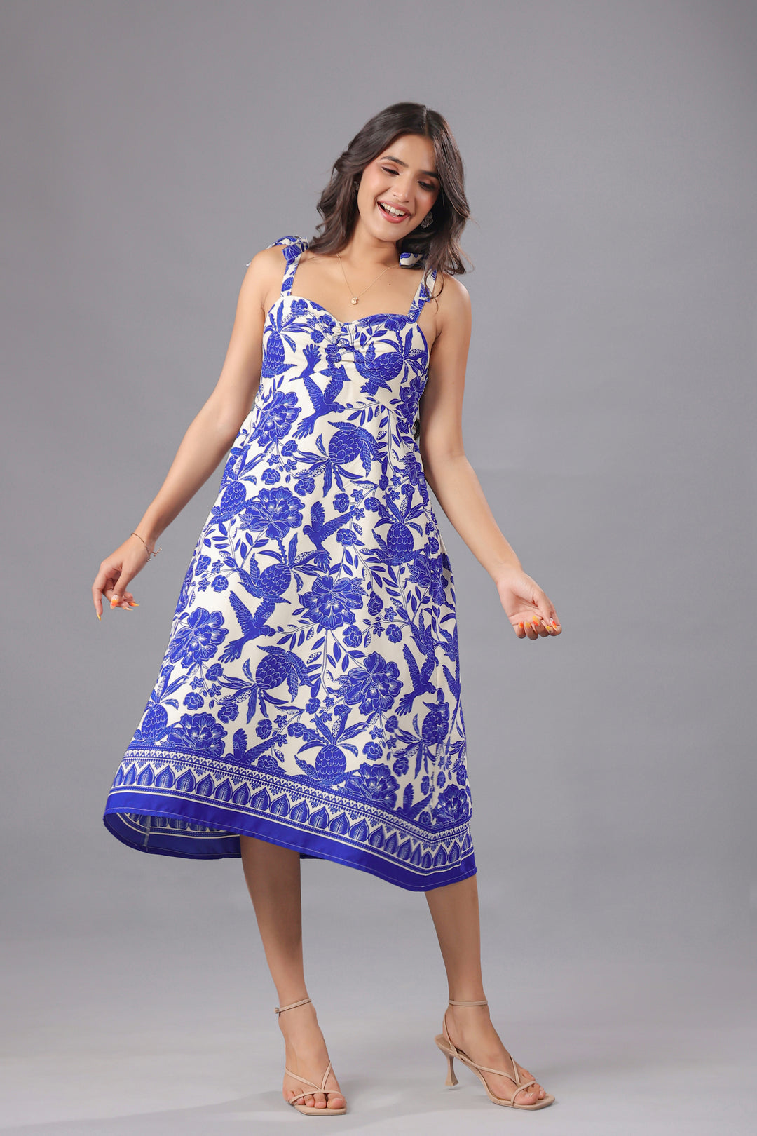 Blue Floral Printed Tie-Strap Midi Dress