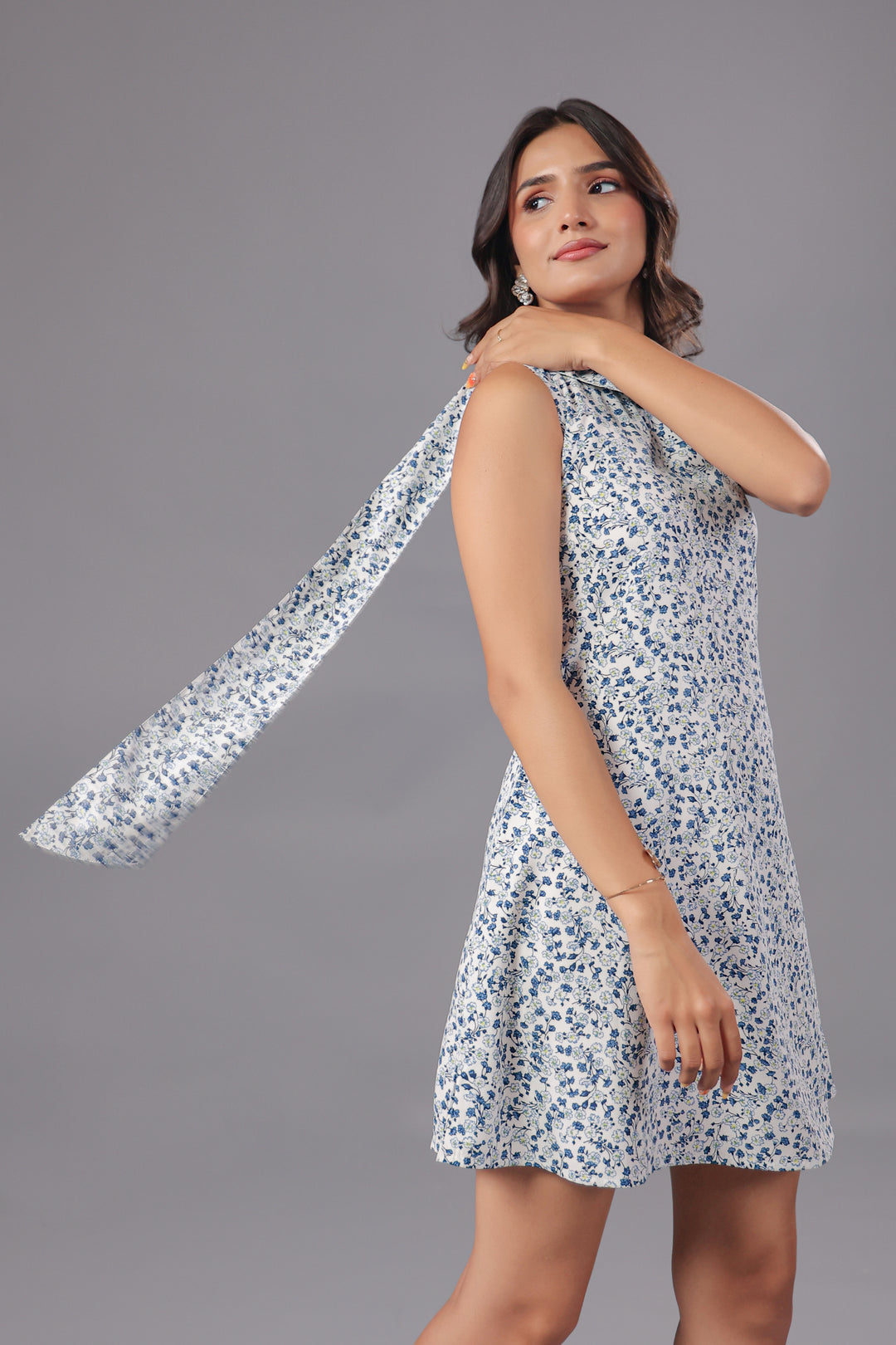 Disty Floral One Shoulder Mini Dress With Scarf