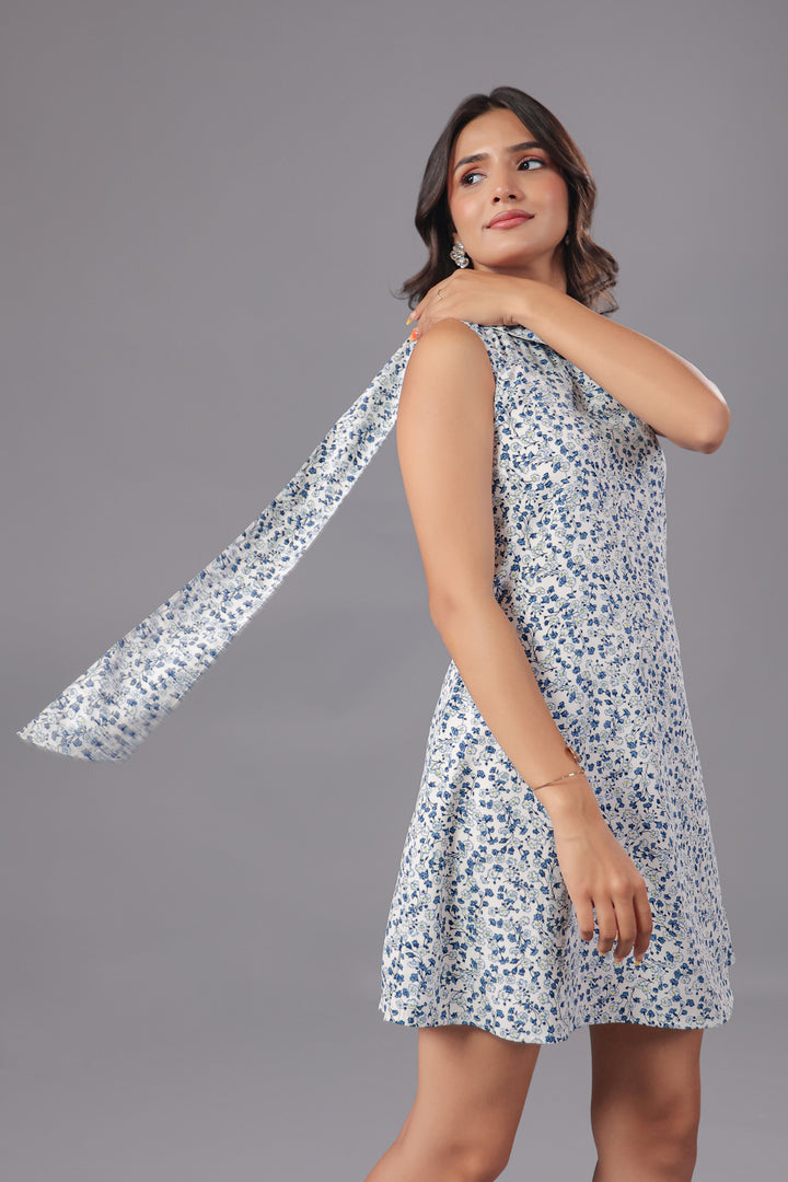 Disty Floral One Shoulder Mini Dress With Scarf