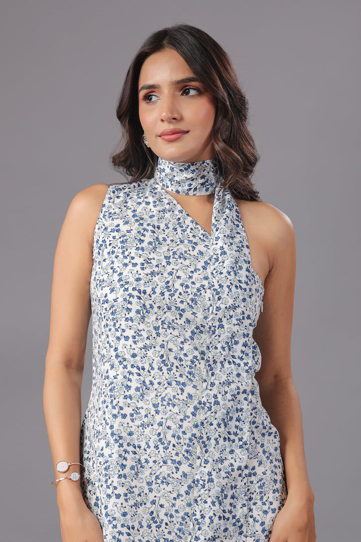 Disty Floral One Shoulder Mini Dress With Scarf