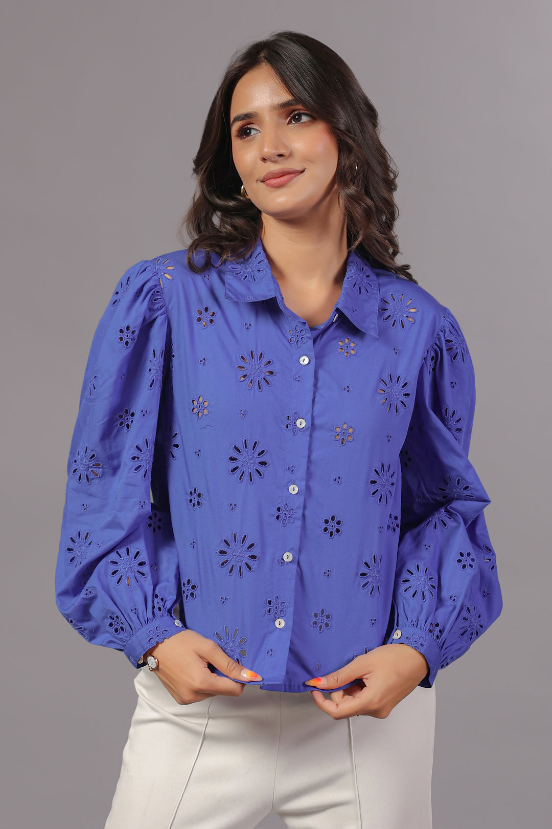 Blue Schiffli Shirt In Bishop Sleeve