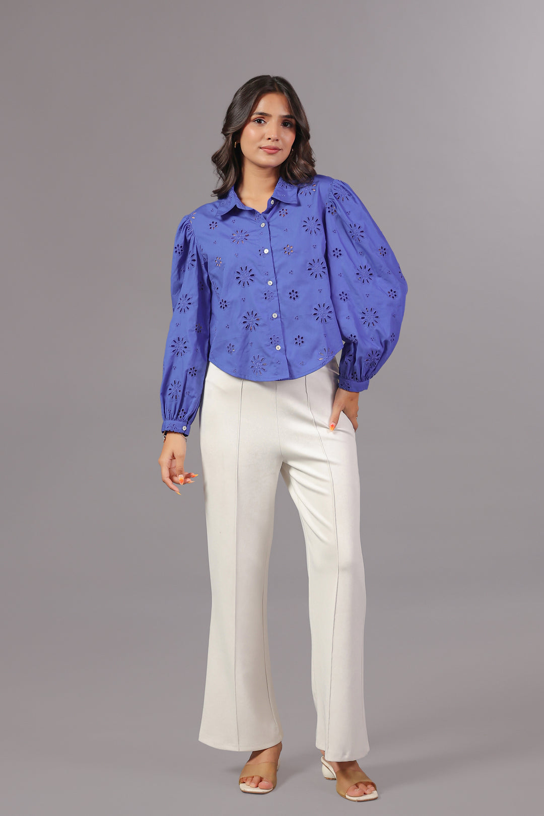 Blue Schiffli Shirt In Bishop Sleeve