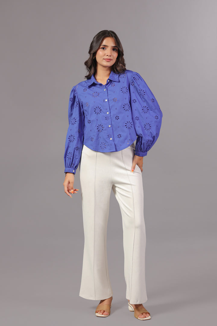 Blue Schiffli Shirt In Bishop Sleeve