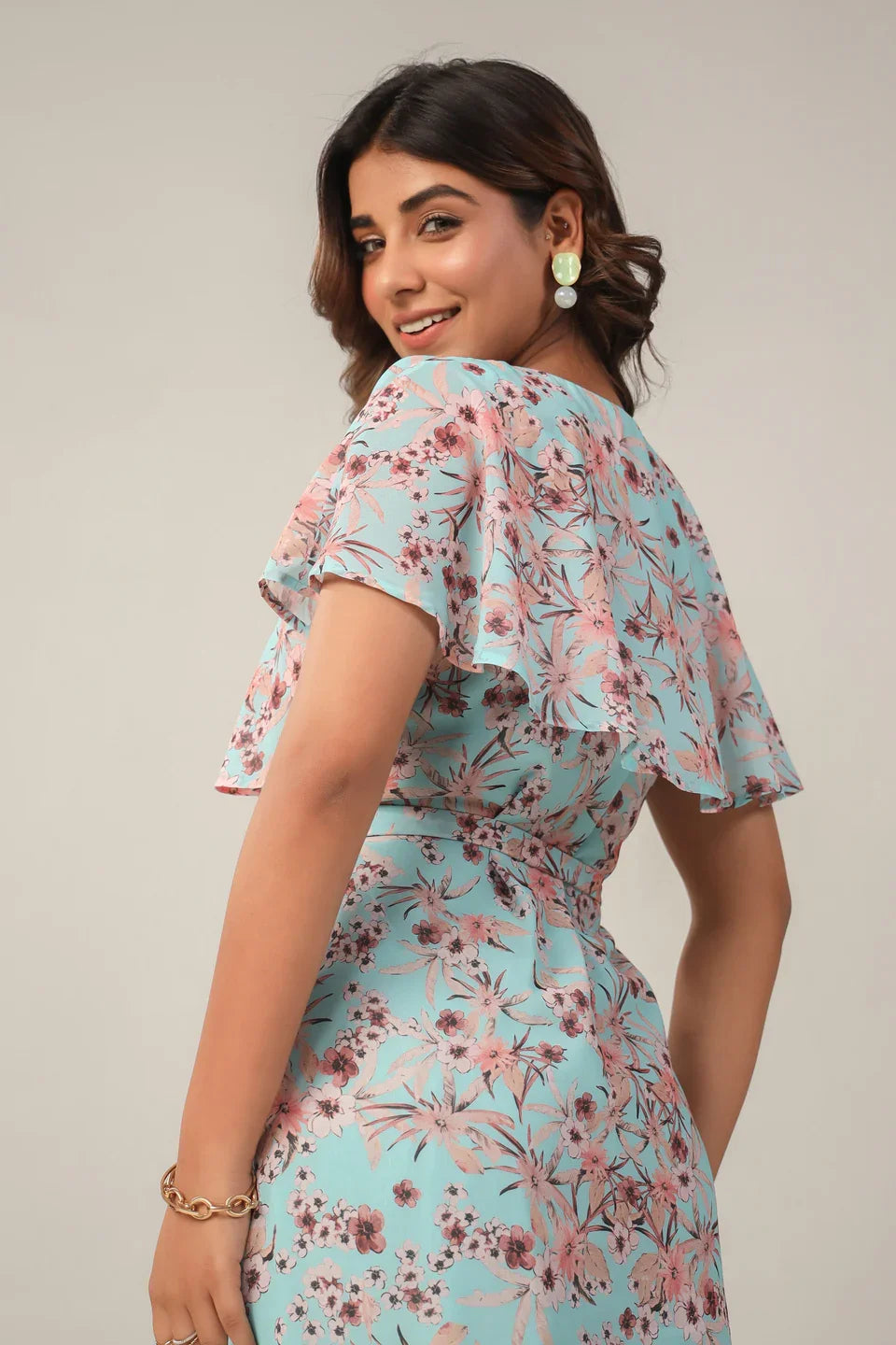 side view of fit & flare floral midi dress