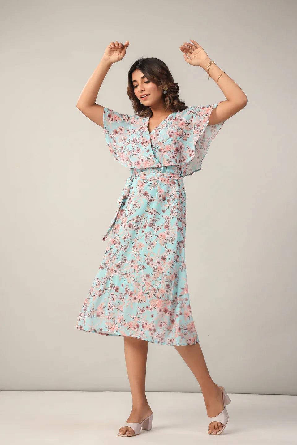 floral georgette fit and flare midi dress front view