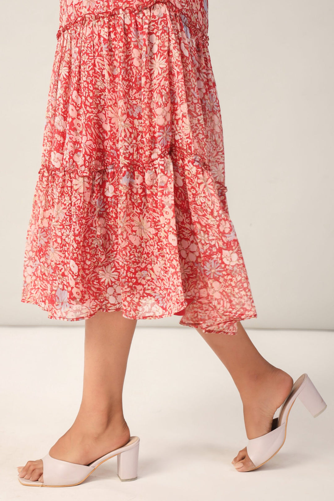 Red Floral Print V Neck Ruffled Sleeves Midi Dress