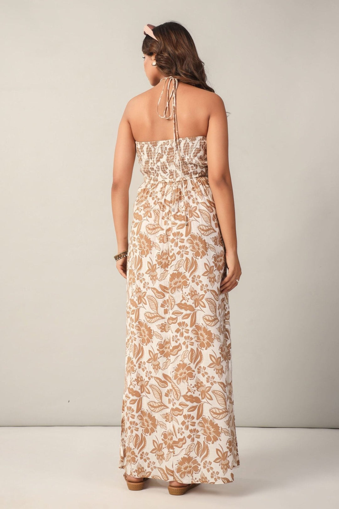 Brown and Off- White Floral Halter Neck Side Slit Sheeth Maxi Dress