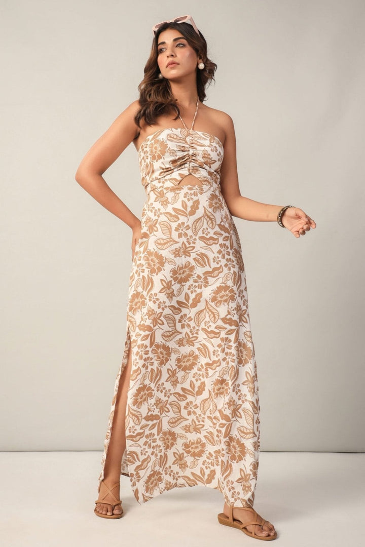 Brown and Off- White Floral Halter Neck Side Slit Sheeth Maxi Dress