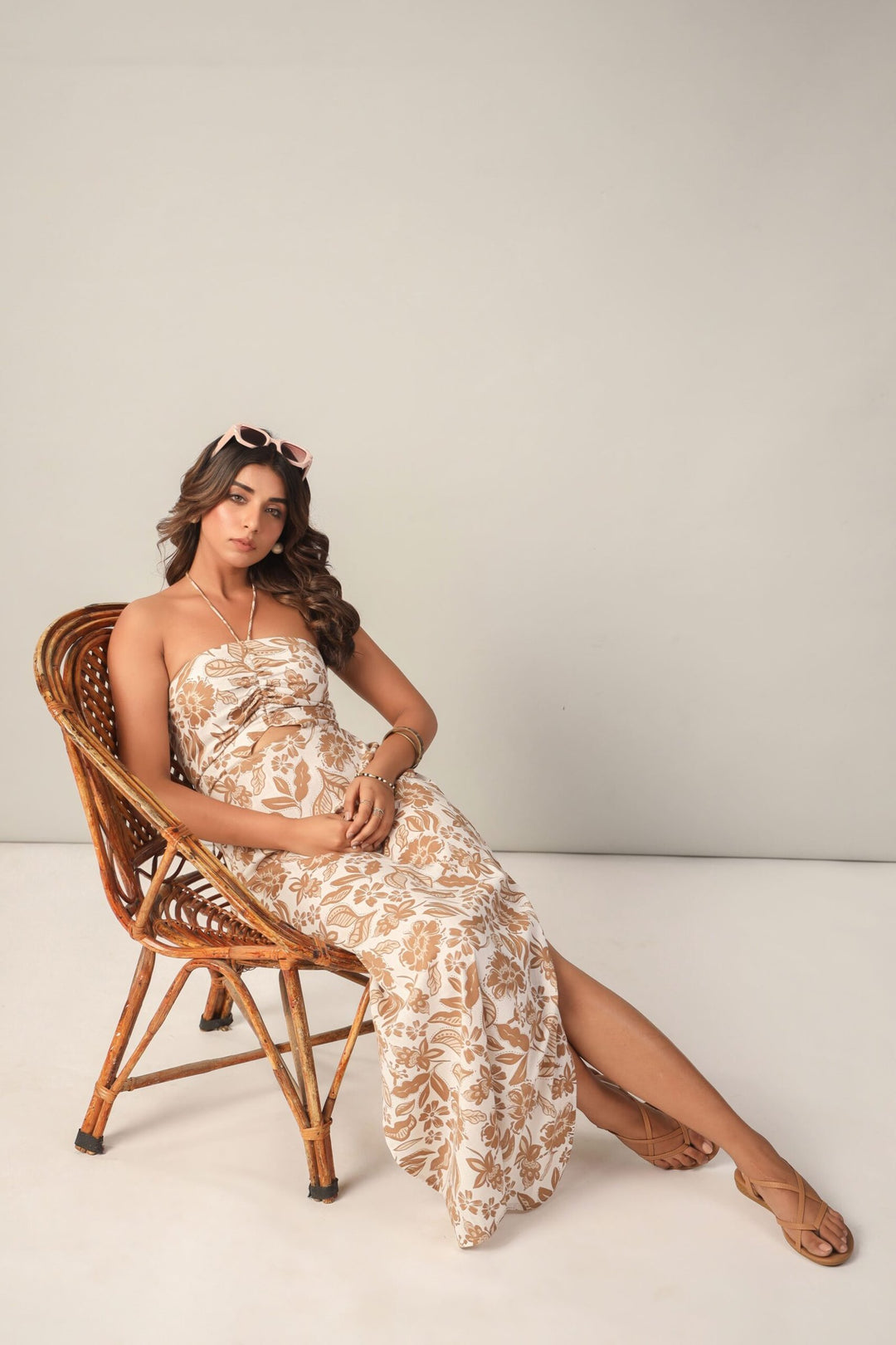 Brown and Off- White Floral Halter Neck Side Slit Sheeth Maxi Dress