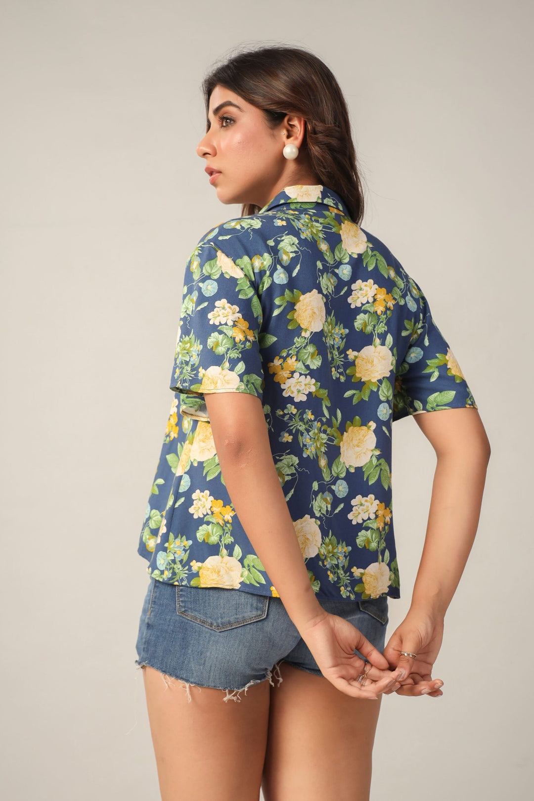 Blue Floral Printed Collar neck half sleeves Shirt