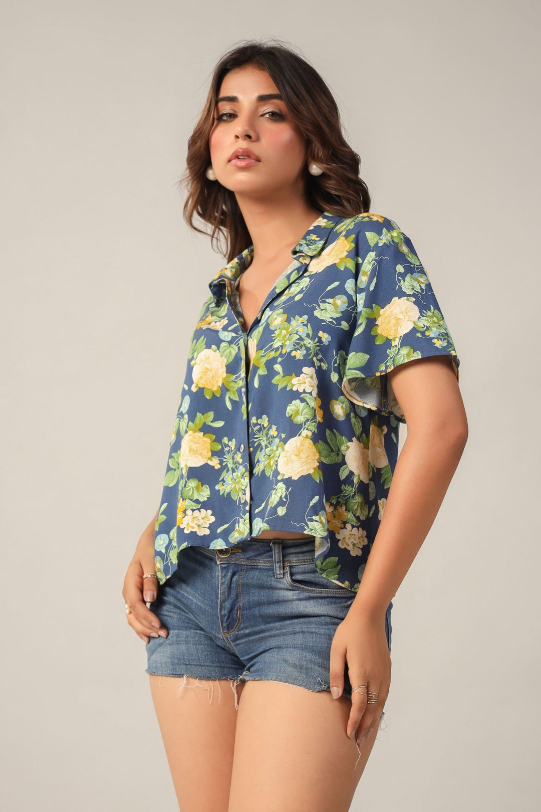 Blue Floral Printed Collar neck half sleeves Shirt