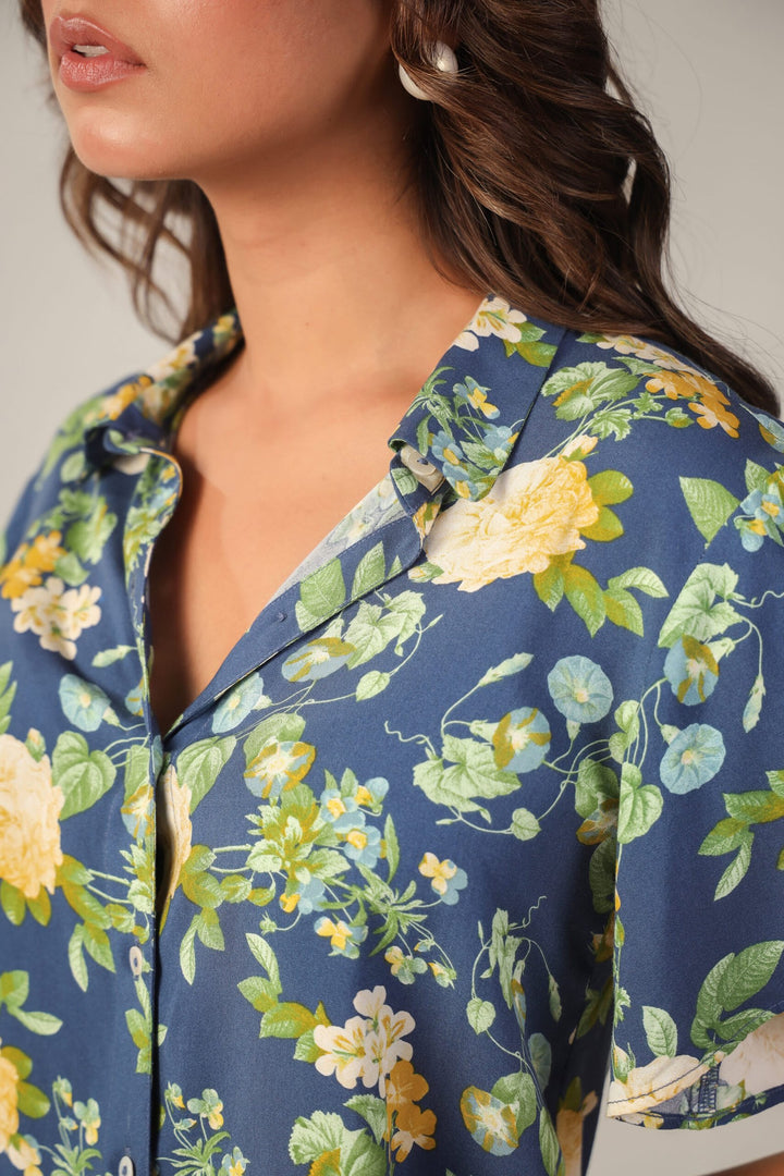 Blue Floral Printed Collar neck half sleeves Shirt