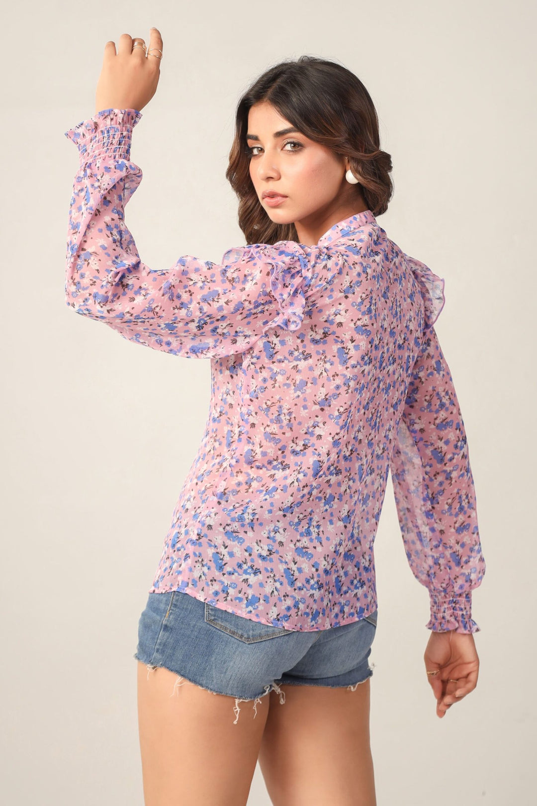 Mauve Printed Floral Sheer Full Sleeves Smocked Cuff Ruffled Shoulder Button Down Shirt