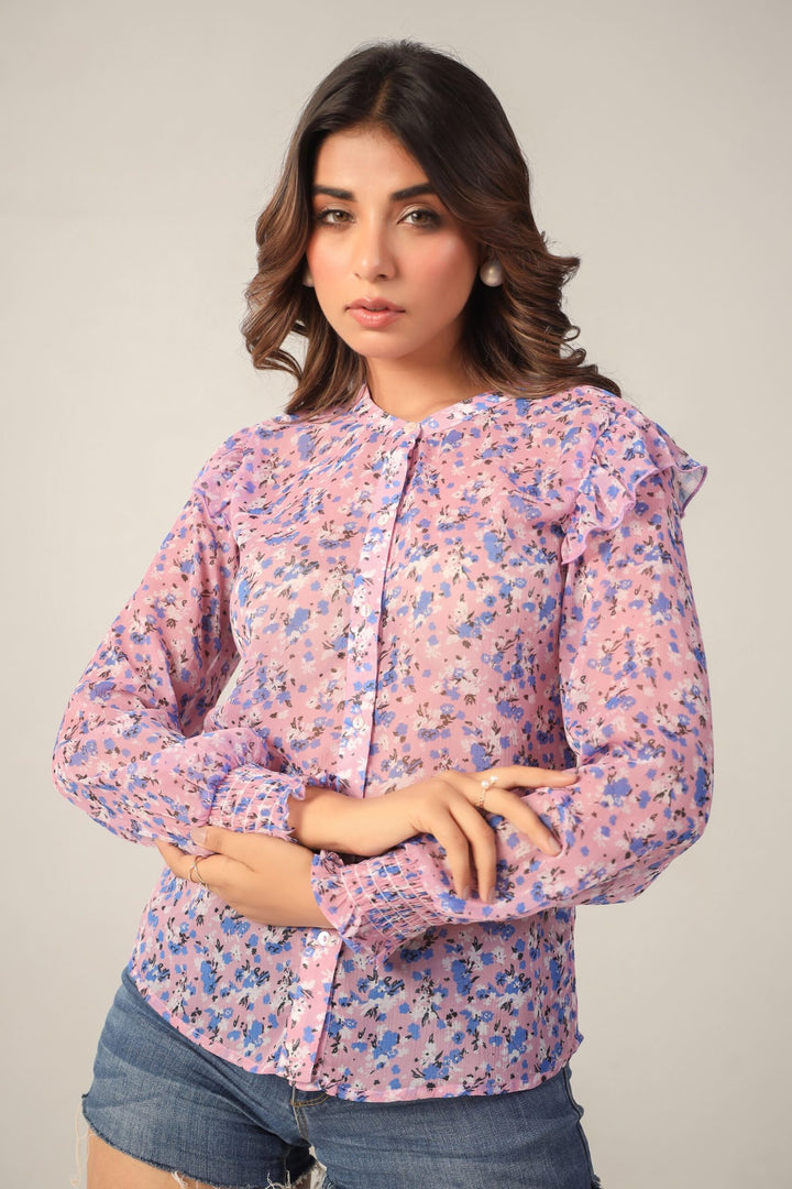 Mauve Printed Floral Sheer Full Sleeves Smocked Cuff Ruffled Shoulder Button Down Shirt