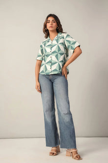 Green and White Geometric Shirt: Boxy, Poplin. - June 9 Clothing
