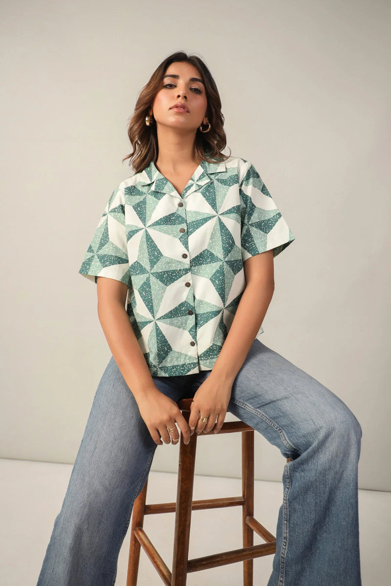 Green and White Geometric Shirt: Boxy, Poplin. - June 9 Clothing
