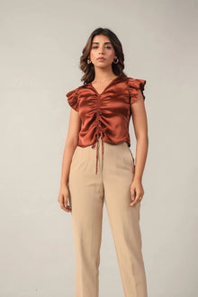 Brown Polka Dot Crop Top: Ruched, Flutter Sleeves - June 9 Clothing