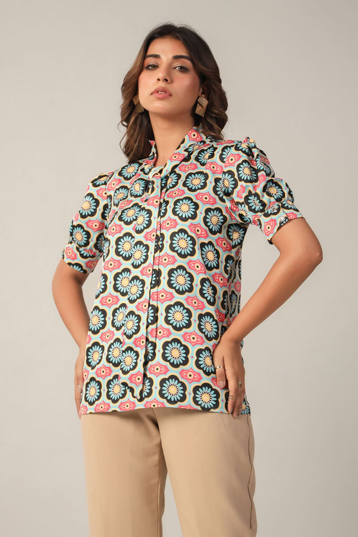 Multicolor Printed Tie-Up Neck Slim Fit Top