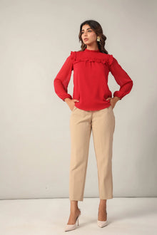 Red Ruffle Round Neck Full Bishop SLeeves Chiffon Top - June 9 Clothing