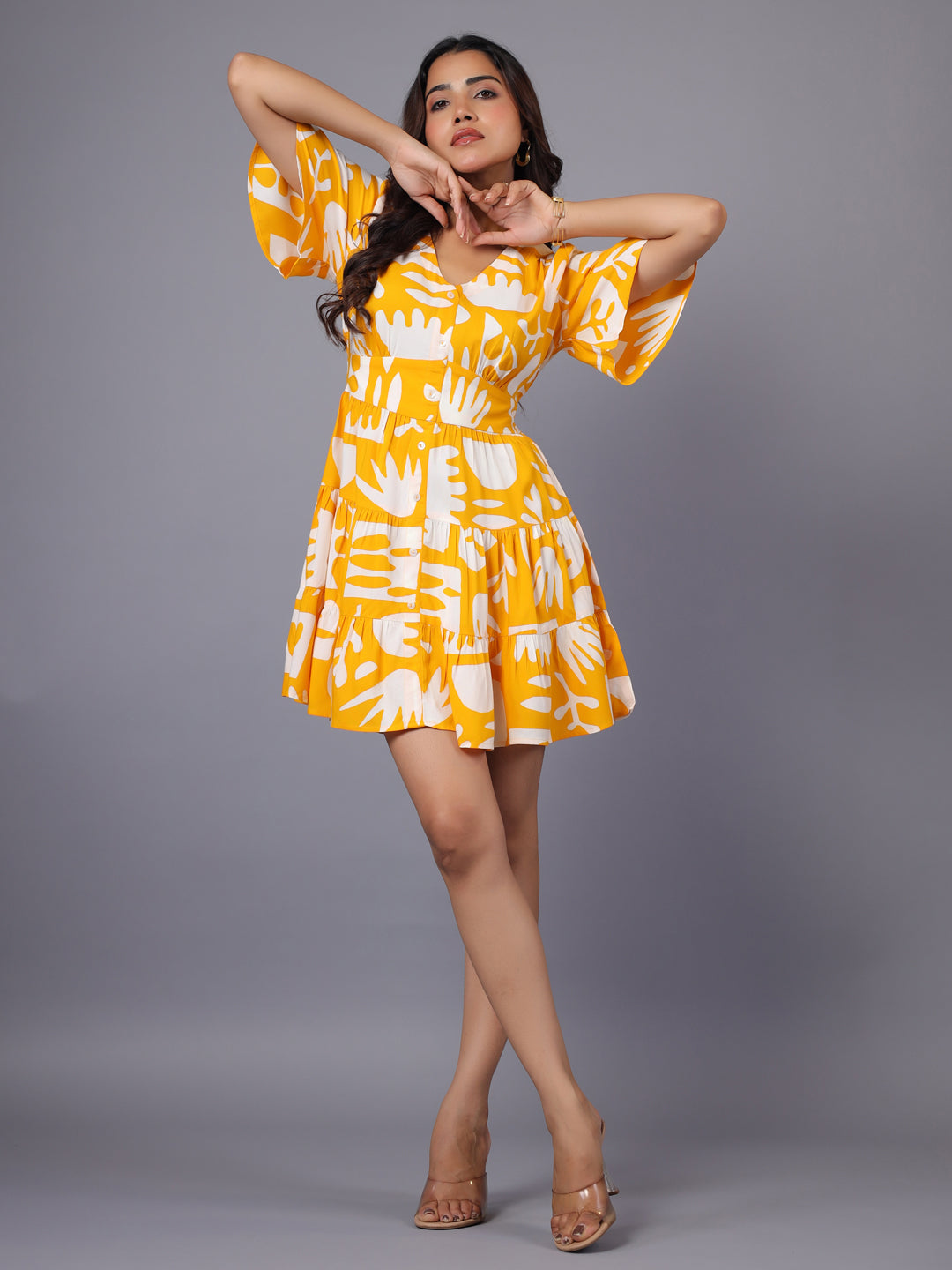 Women Yellow & White Abstract Printed Fit and Flare Mini Dress