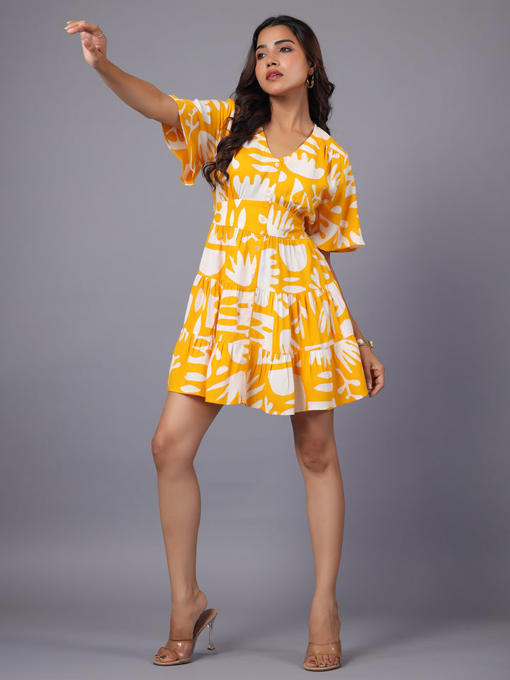 Women Yellow & White Abstract Printed Fit and Flare Mini Dress
