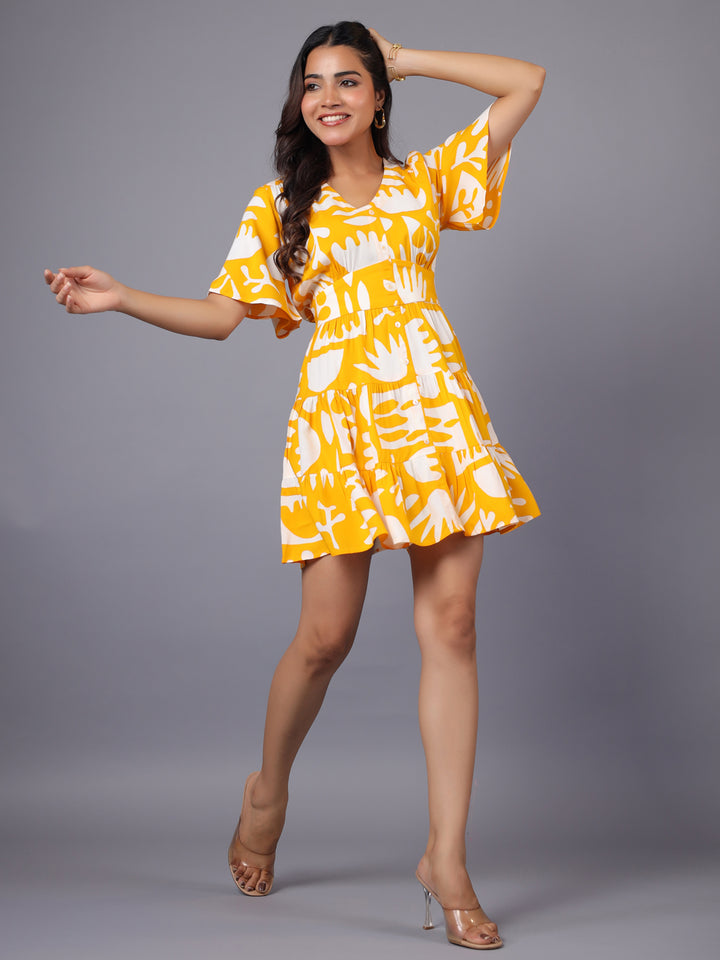 Women Yellow & White Abstract Printed Fit and Flare Mini Dress