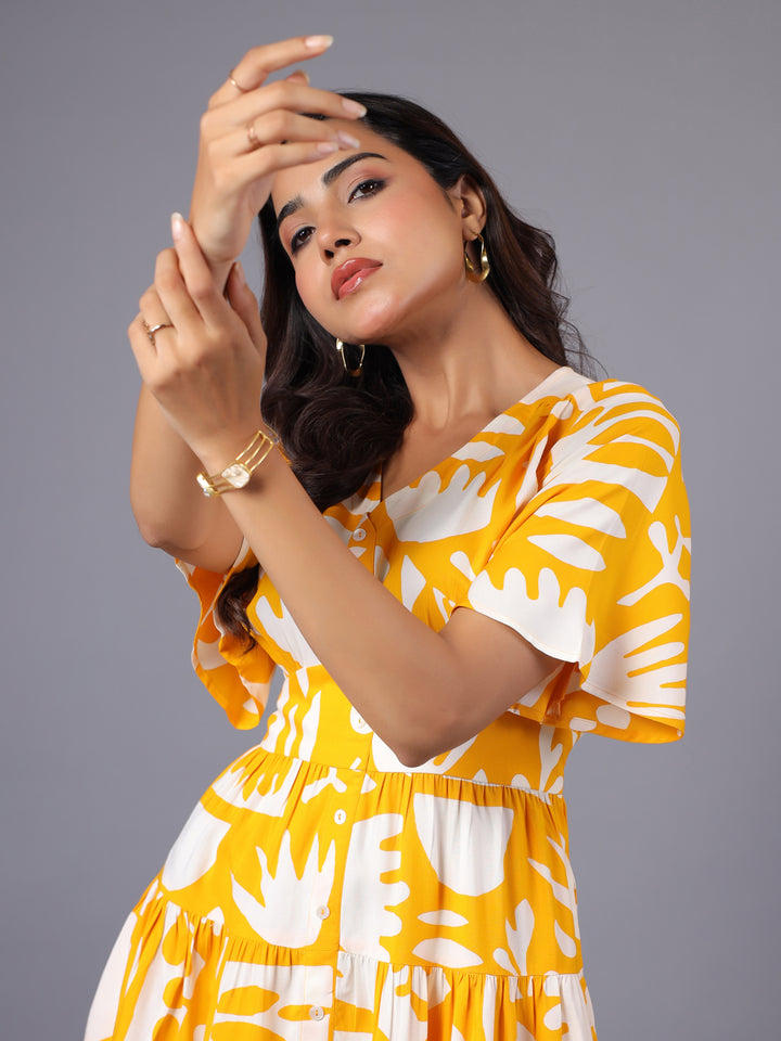 Women Yellow & White Abstract Printed Fit and Flare Mini Dress