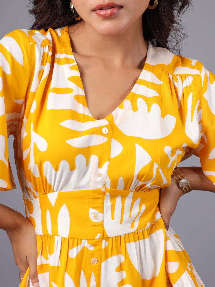 Women Yellow & White Abstract Printed Fit and Flare Mini Dress