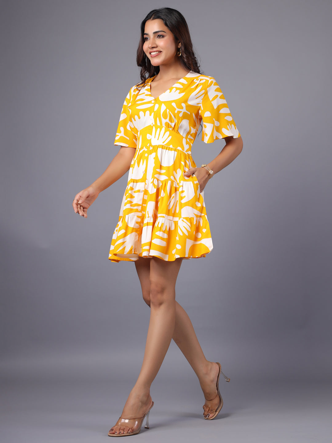 Women Yellow & White Abstract Printed Fit and Flare Mini Dress