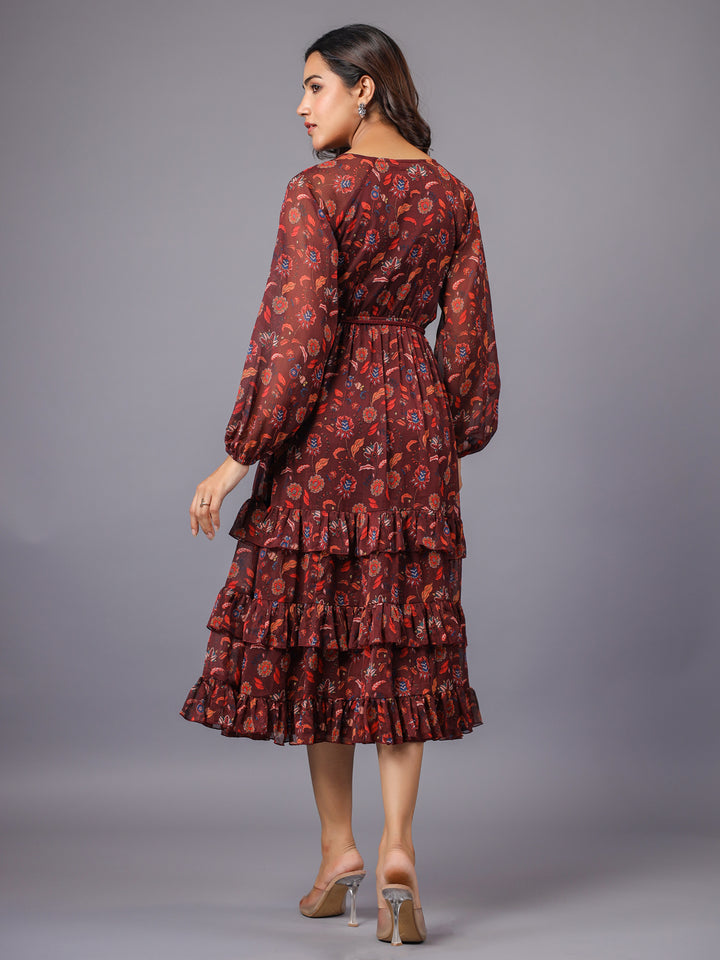 Maroon Boho Floral Print Tiered Midi Dress - June 9 Clothing