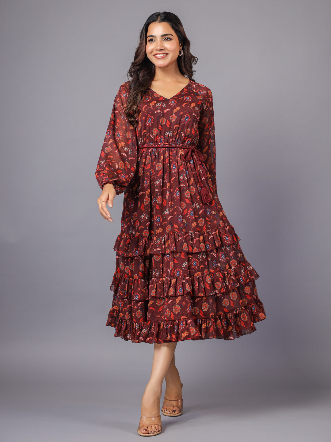 Maroon Boho Floral Print Tiered Midi Dress - June 9 Clothing
