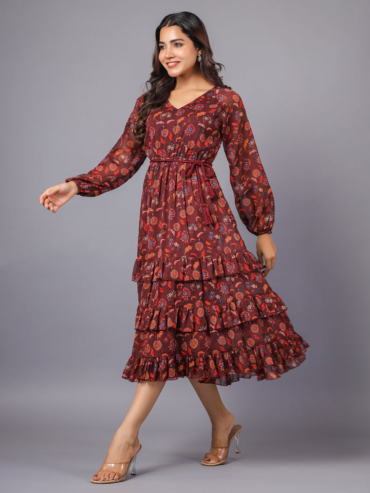 Maroon Boho Floral Print Tiered Midi Dress - June 9 Clothing