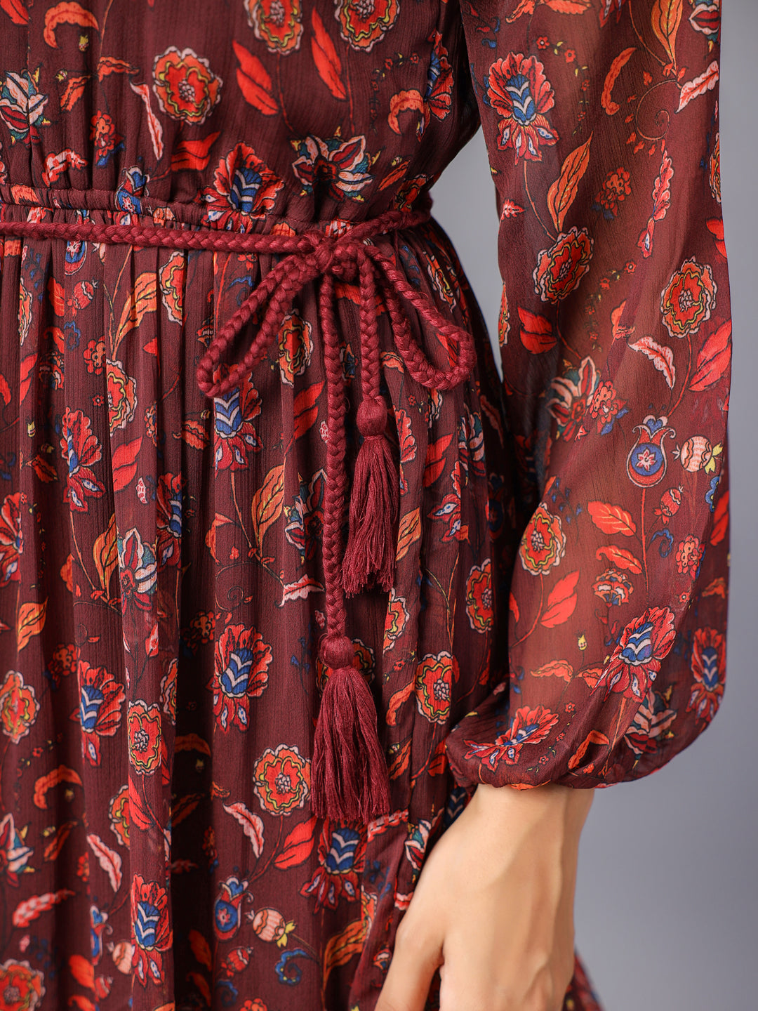 Maroon Boho Floral Print Tiered Midi Dress - June 9 Clothing