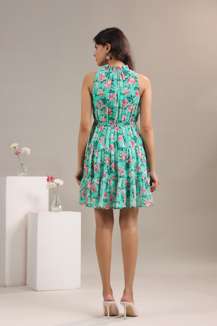 Sea Green Floral Georgette Mini Dress with Flutter Sleeves