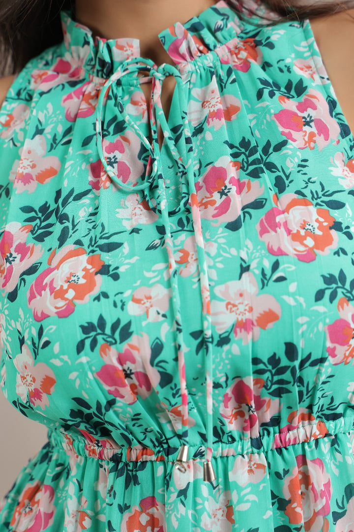 Sea Green Floral Georgette Mini Dress with Flutter Sleeves