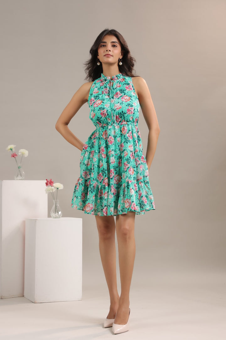 Sea Green Floral Georgette Mini Dress with Flutter Sleeves