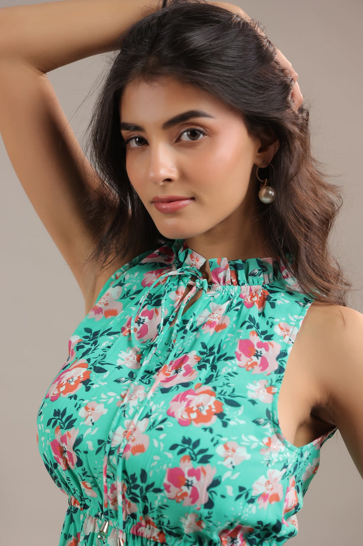 Sea Green Floral Georgette Mini Dress with Flutter Sleeves