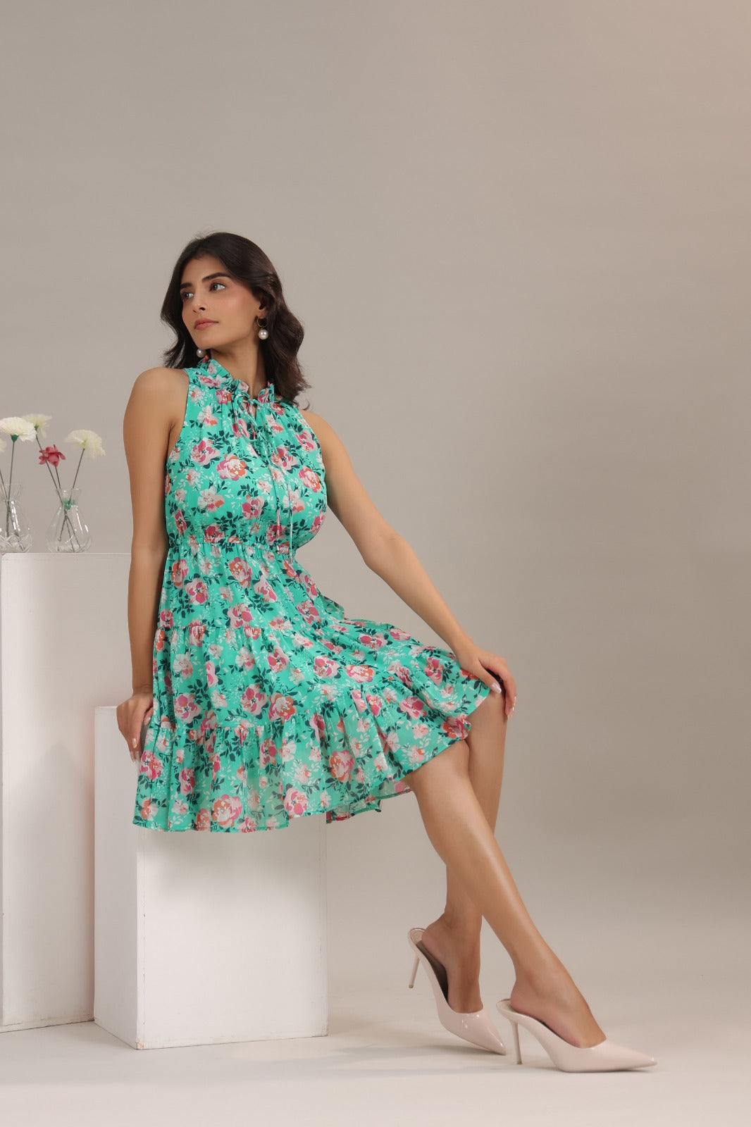 Sea Green Floral Georgette Mini Dress with Flutter Sleeves