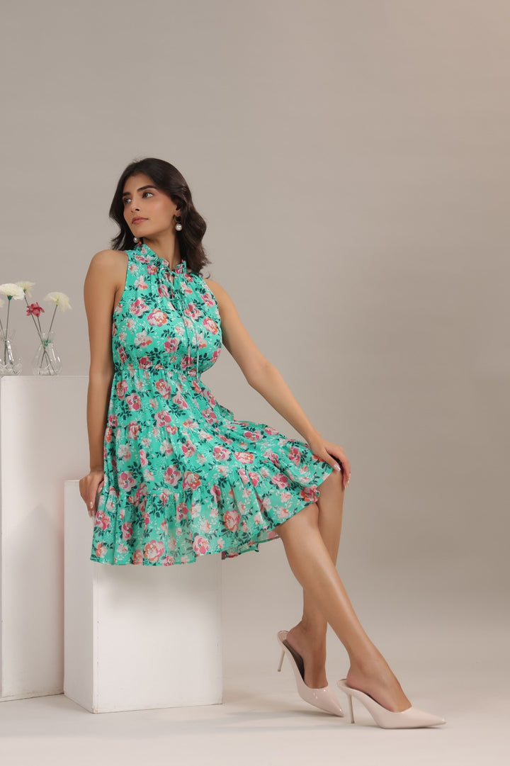 Sea Green Floral Georgette Mini Dress with Flutter Sleeves
