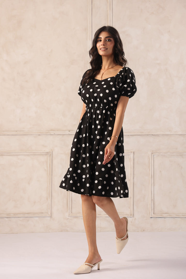 Side view black polka dot mini dress for women sweetheart neck summer outfit