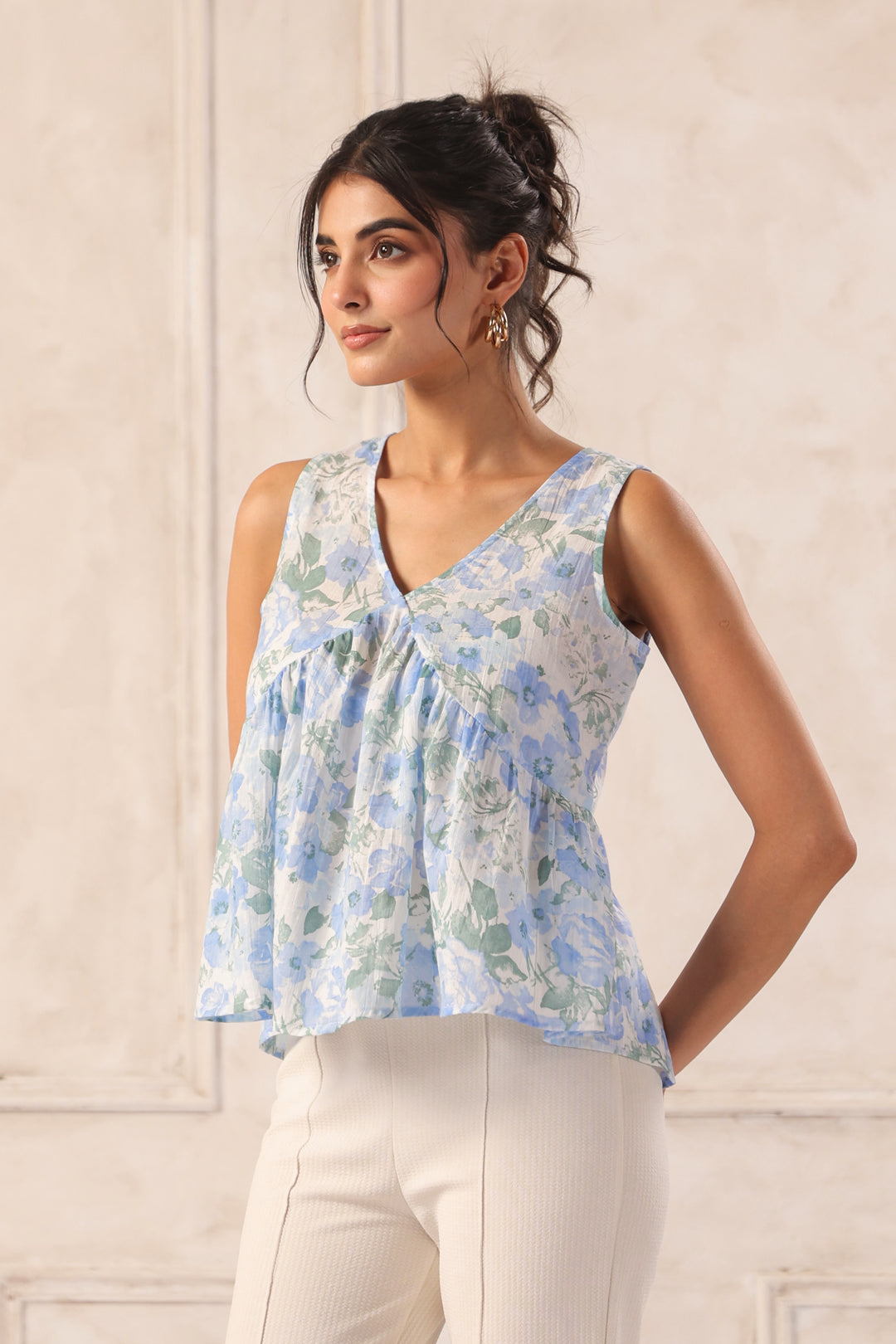 Side view blue floral voile top for women casual lightweight summer outfit