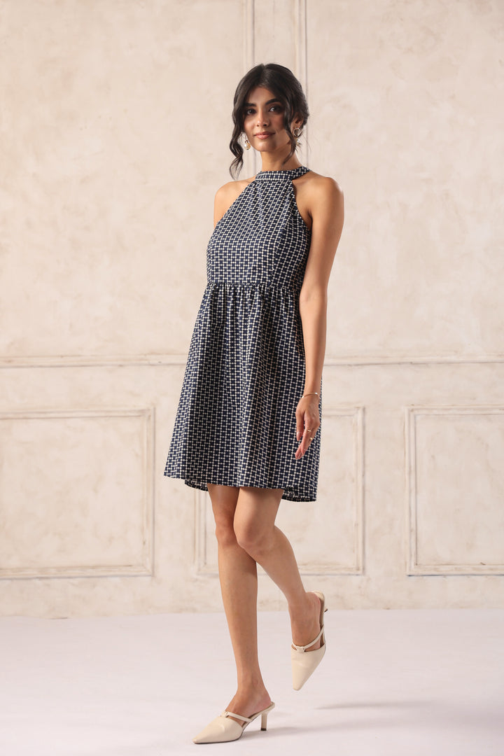 Side view navy blue halter neck mini dress for women trendy summer outfit