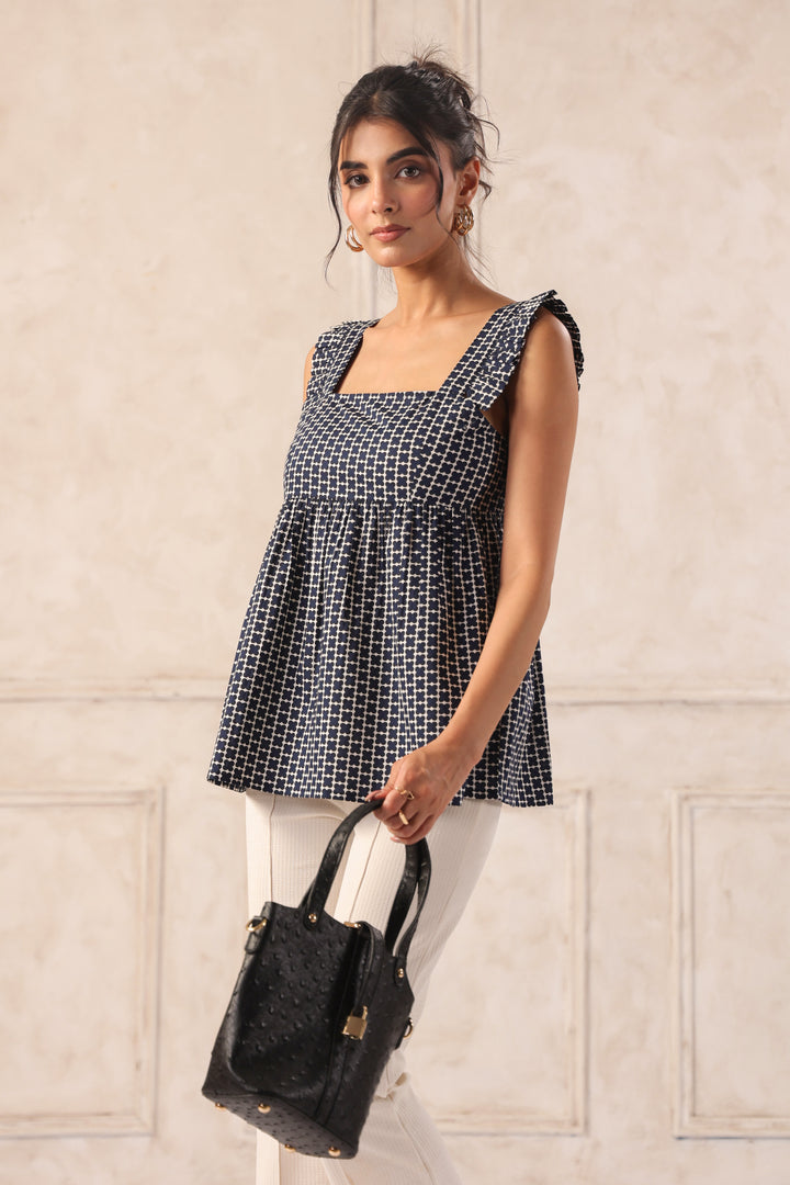 Side view navy cotton peplum top for women casual summer outfit stylish top