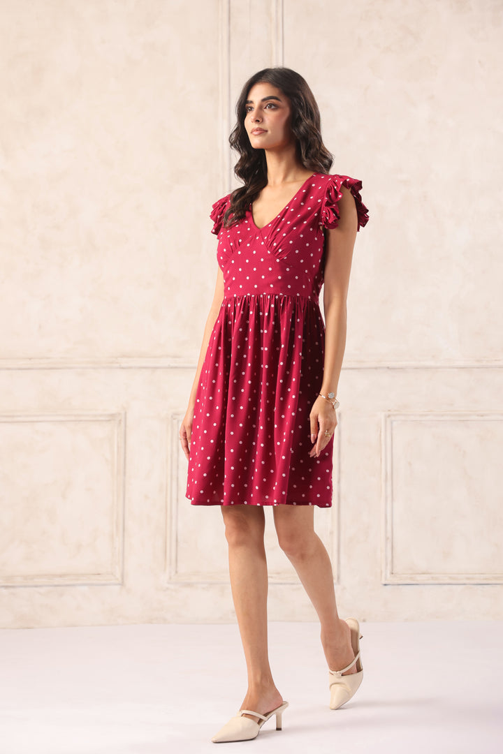 Side view plum polka dot mini dress for women trendy rayon party wear dress