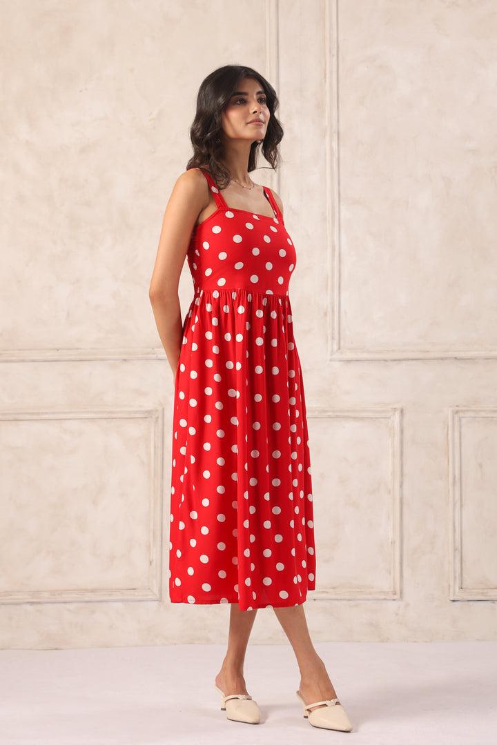 Side view red polka dot midi dress for women stylish summer outfit