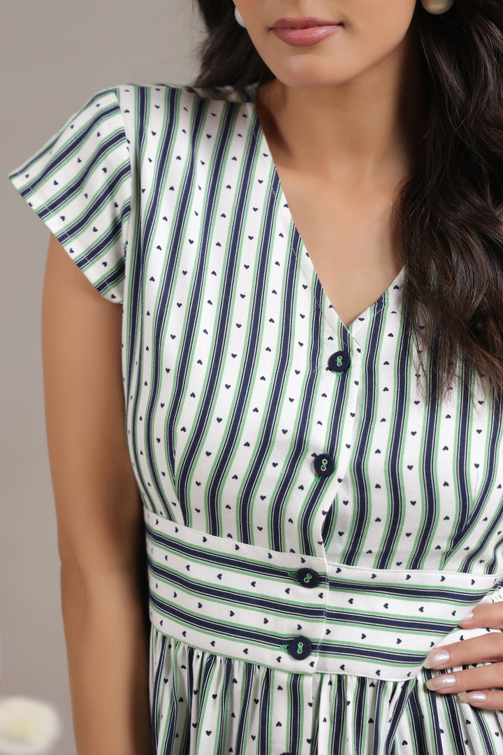 Detail view of short sleeve striped midi dress for women